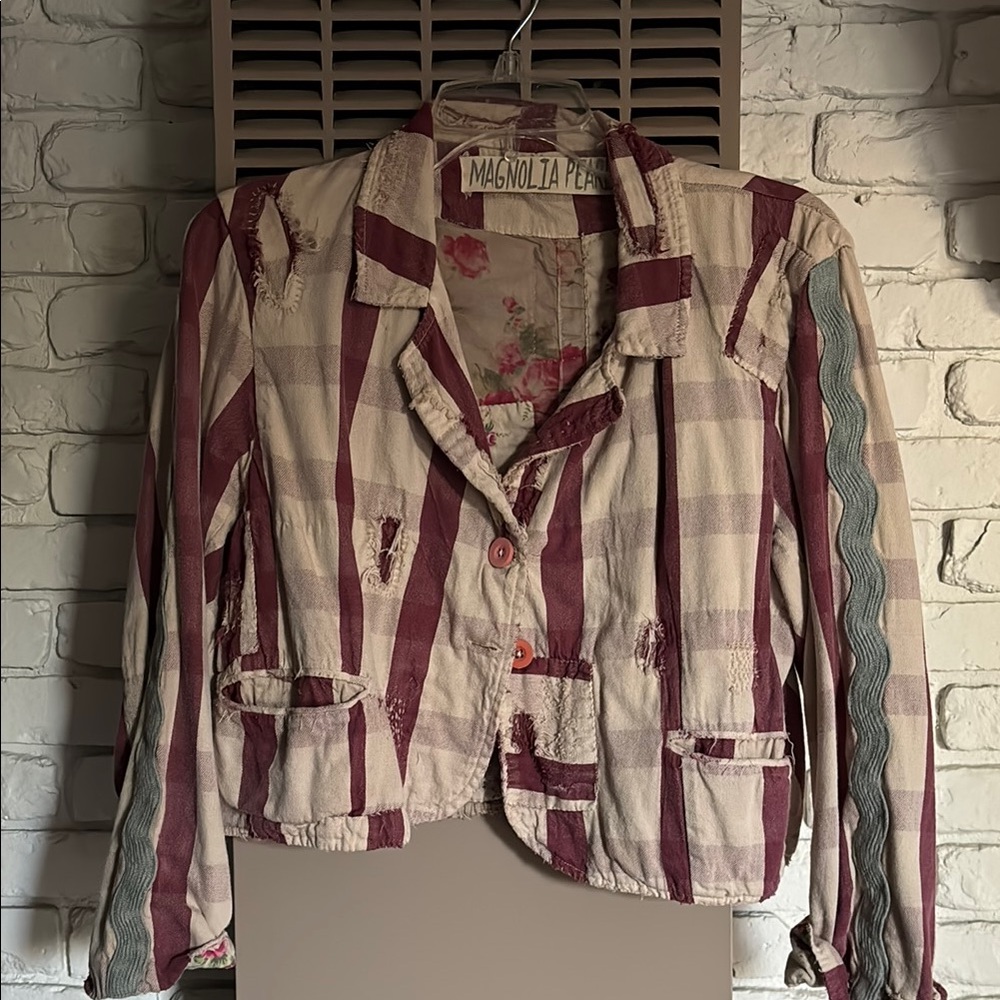 Magnolia Pearl Distressed Striped Blazer - Burgundy and Cream